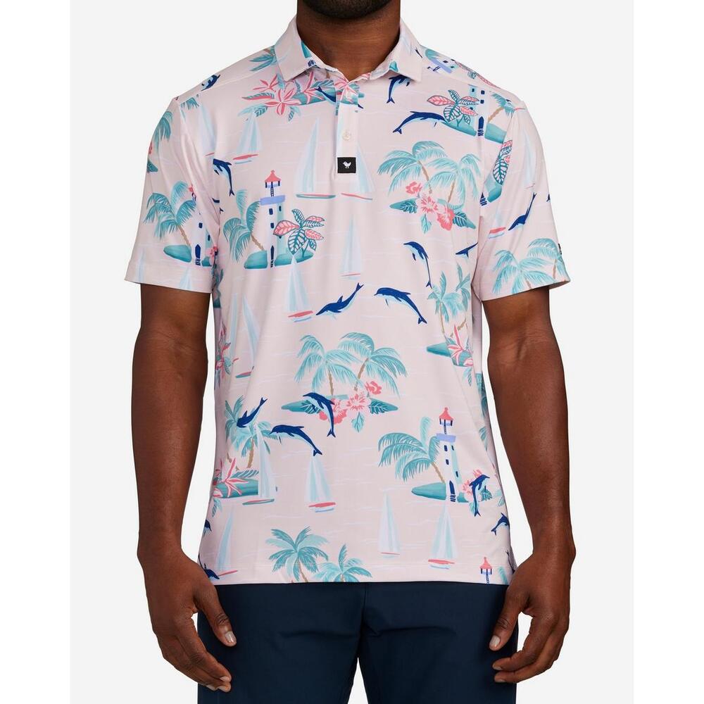 Bad Birdie Performance Tropical Dolphin Marino Polo Shirt Pink Size Medium